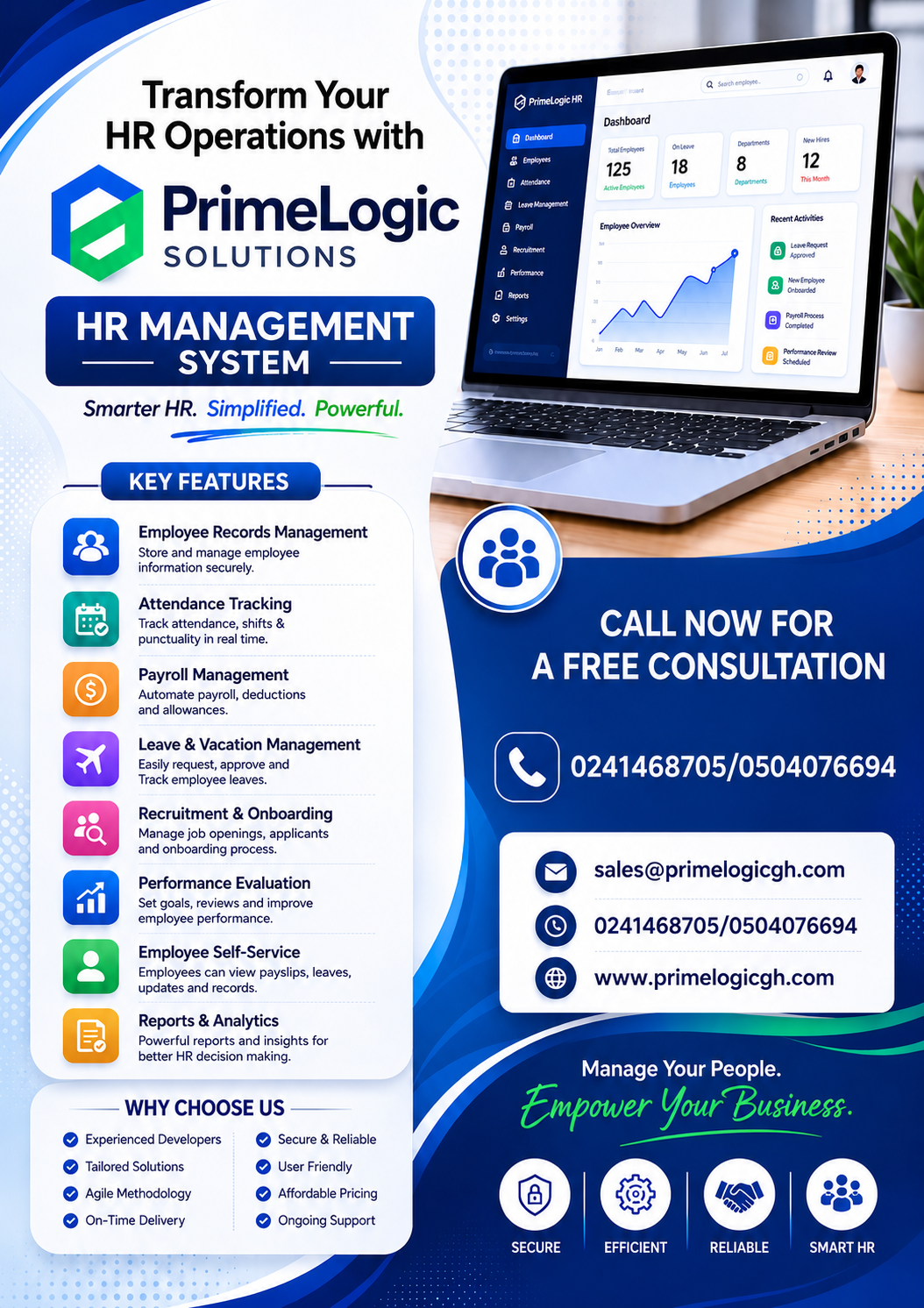 PrimeLogic HR management system flyer