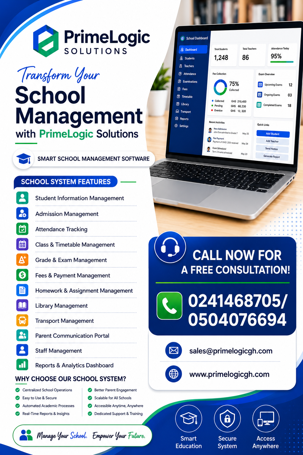 PrimeLogic school management software flyer